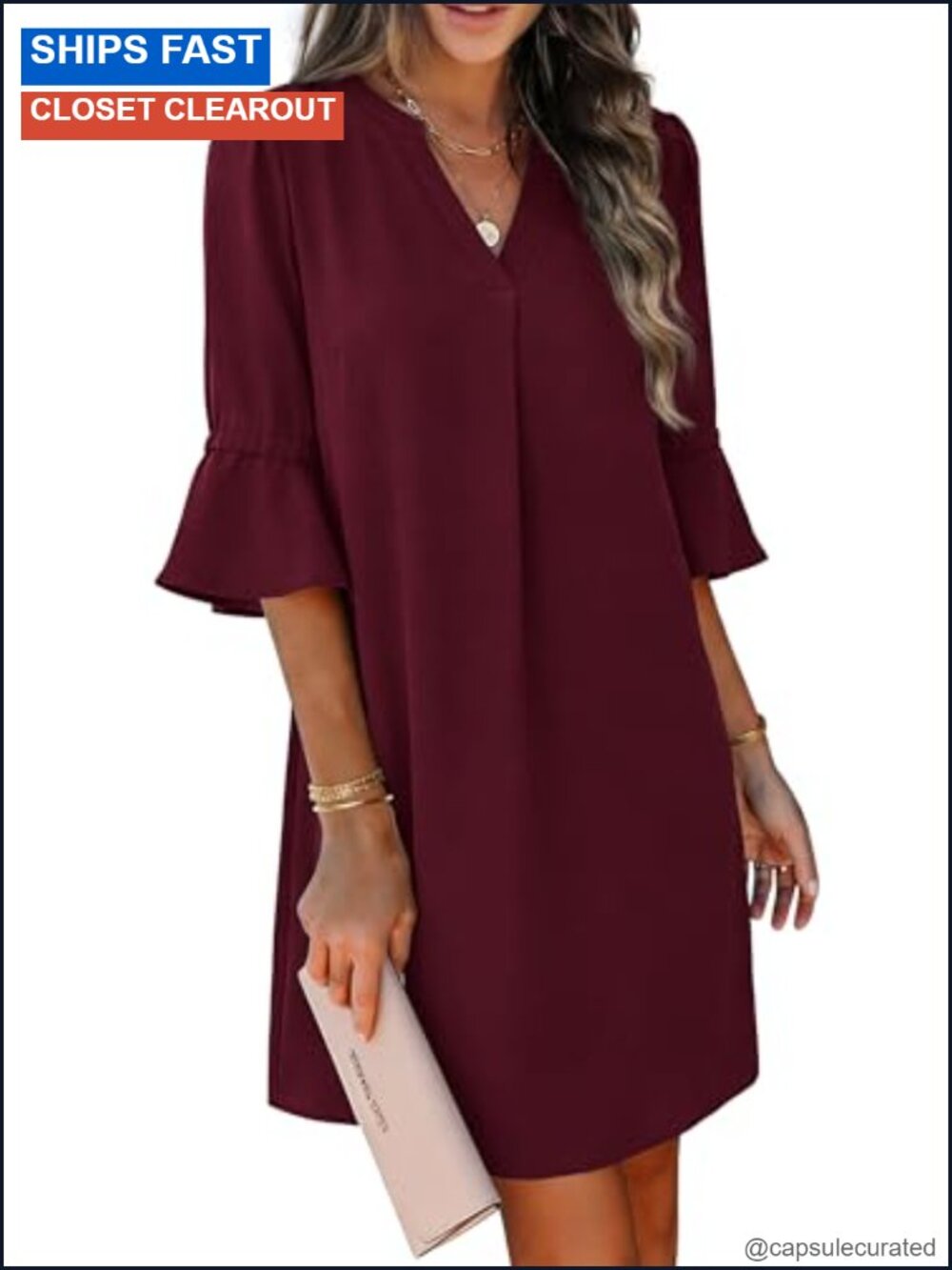 Shift Dress for Women V Neck Ruffle Sleeve Loose Summer Office Work Casual